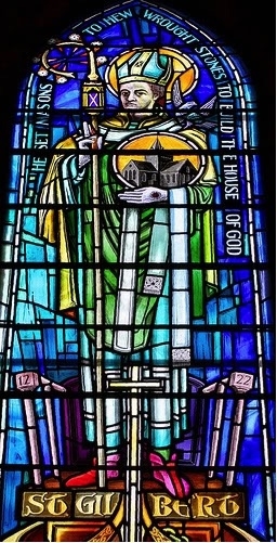 Stained glass window depicting St Gilbert of Sempringham